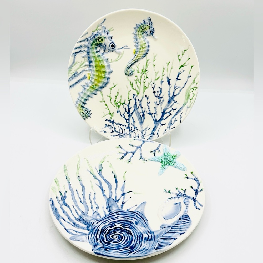 2 Cracker Barrel Seahorse, Starfish Beach Plates. 8.5” Stoneware.